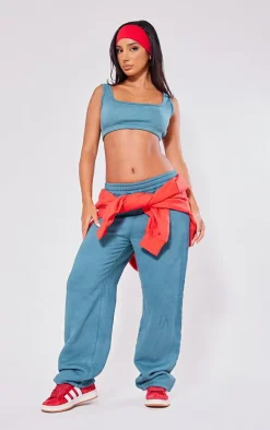Petite Teal Acid Wash Elasticated Wide Leg Sweatpants