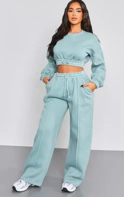 Petite Teal Wide Leg Seam Detailed Sweatpants