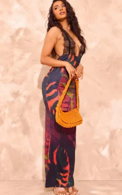 Petite Tiger Print Lace Bust Detail Floral Maxi Dress