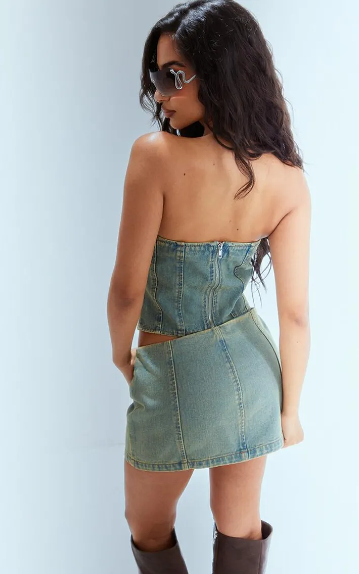 Petite Vintage Bleach Wash Bandeau Denim Corset Top