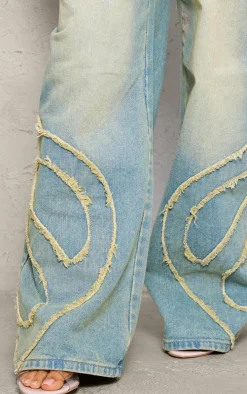 Petite Vintage Bleach Wash Mid Rise Embroidered Wide Leg Jeans