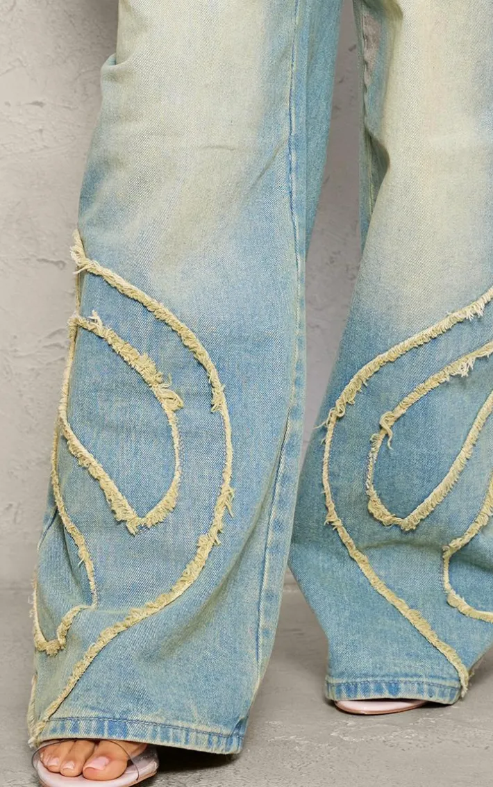 Petite Vintage Bleach Wash Mid Rise Embroidered Wide Leg Jeans