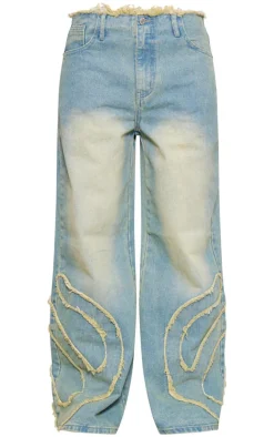Petite Vintage Bleach Wash Mid Rise Embroidered Wide Leg Jeans