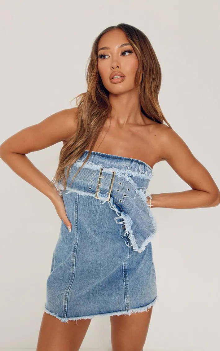 Petite Vintage Mid Wash Fray Buckle Belt Denim Mini Dress