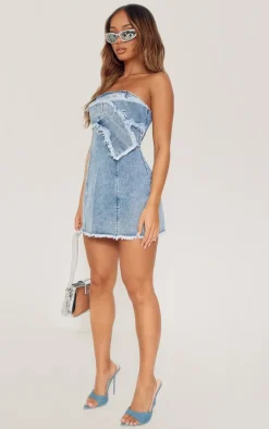 Petite Vintage Mid Wash Fray Buckle Belt Denim Mini Dress