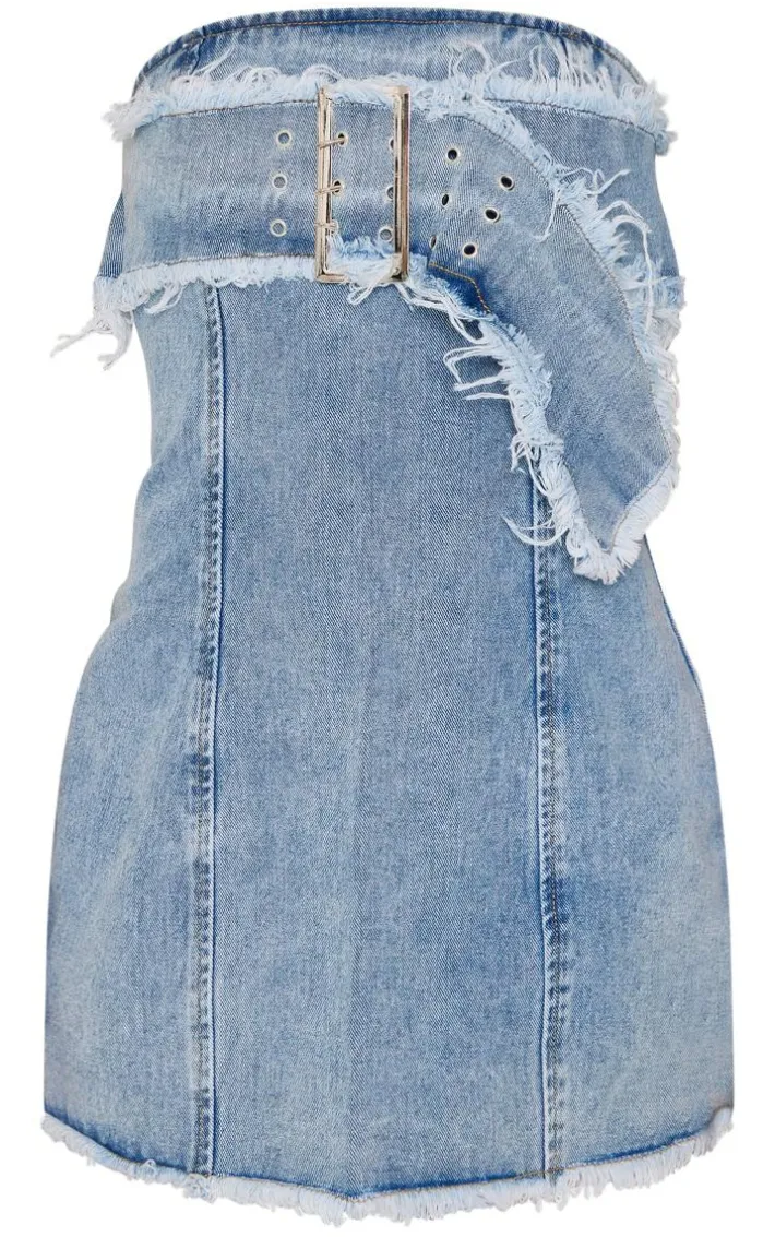 Petite Vintage Mid Wash Fray Buckle Belt Denim Mini Dress