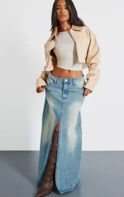 Petite Vintage Mid Wash Split Front Denim Maxi Skirt