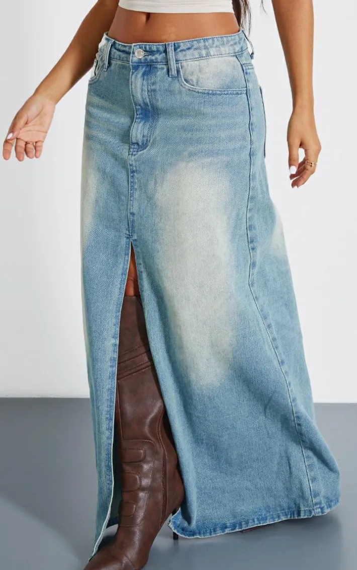Petite Vintage Mid Wash Split Front Denim Maxi Skirt