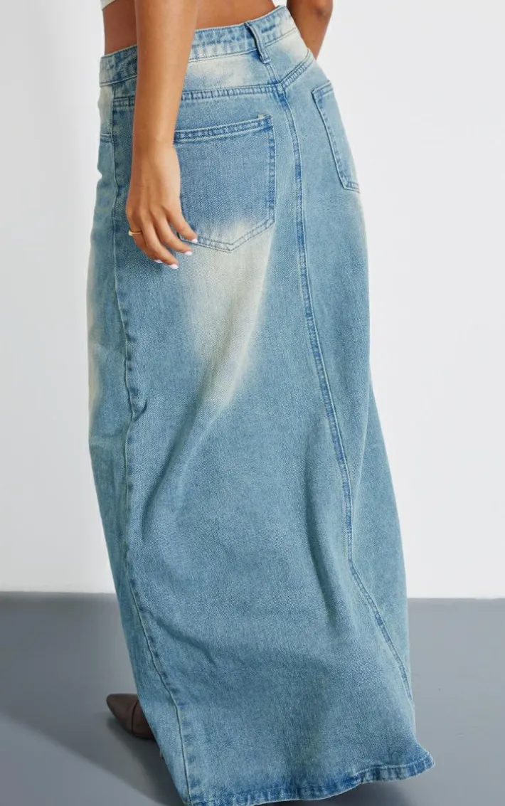 Petite Vintage Mid Wash Split Front Denim Maxi Skirt