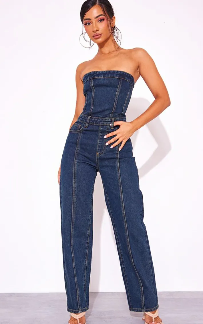 Petite Vintage Wash Bandeau Denim Wide Leg Jumpsuit