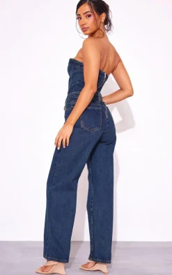 Petite Vintage Wash Bandeau Denim Wide Leg Jumpsuit