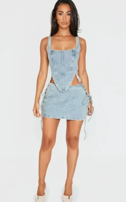 Petite Vintage Wash Denim Lace Up Corset Top