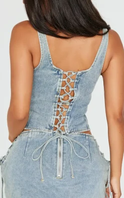 Petite Vintage Wash Denim Lace Up Corset Top