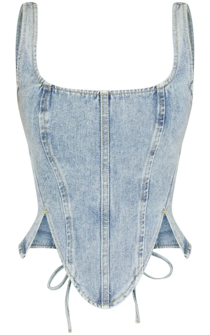 Petite Vintage Wash Denim Lace Up Corset Top