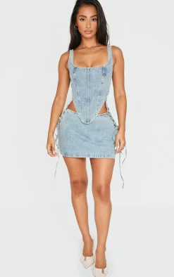 Petite Vintage Wash Denim Lace Up Mini Skirt