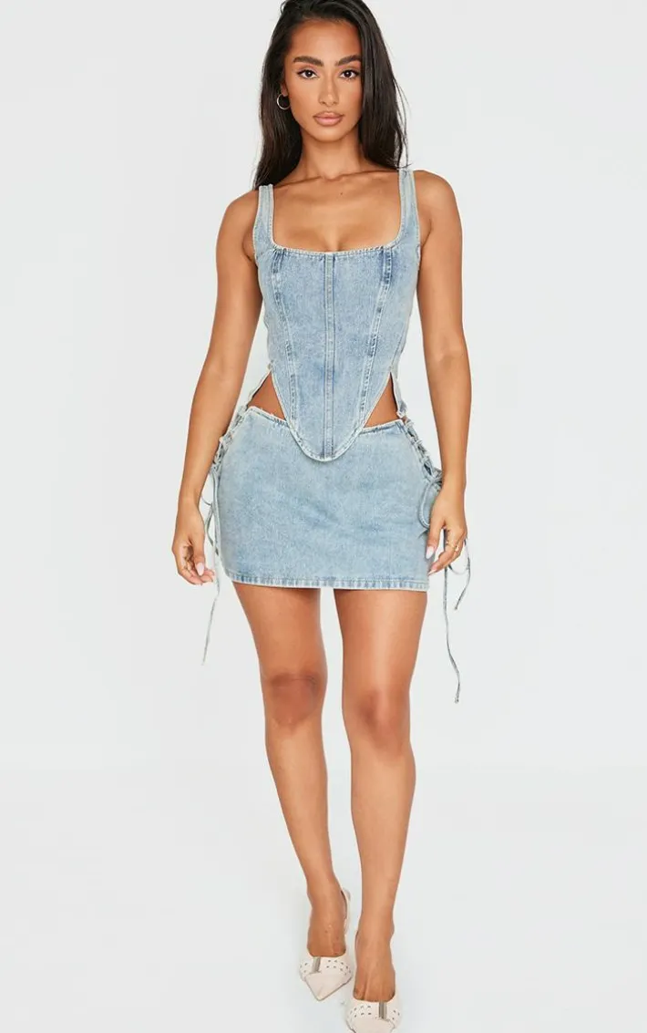 Petite Vintage Wash Denim Lace Up Mini Skirt