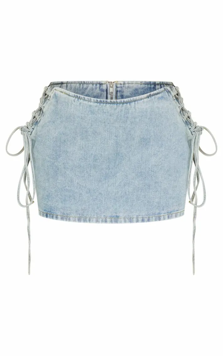 Petite Vintage Wash Denim Lace Up Mini Skirt