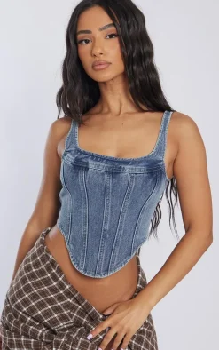 Petite Vintage Wash Denim Corset Top