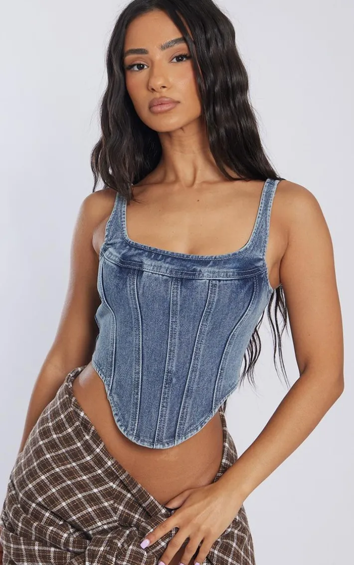 Petite Vintage Wash Denim Corset Top