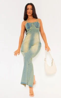 Petite Vintage Wash Denim Strappy Cup Detail Midaxi Dress