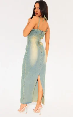 Petite Vintage Wash Denim Strappy Cup Detail Midaxi Dress