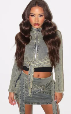 Petite Vintage Wash Denim Belt Detail Jacket