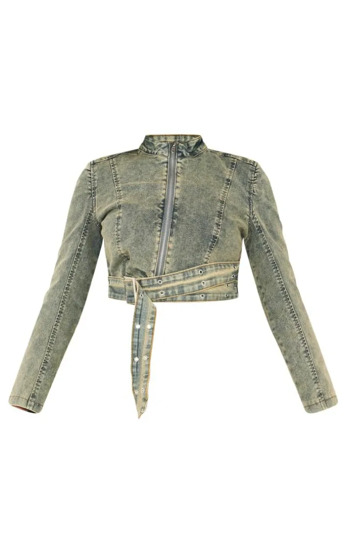 Petite Vintage Wash Denim Belt Detail Jacket