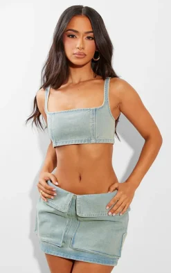 Petite Vintage Wash Denim Square Neck Extreme Crop Top
