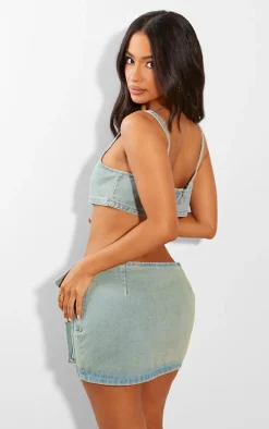 Petite Vintage Wash Denim Square Neck Extreme Crop Top