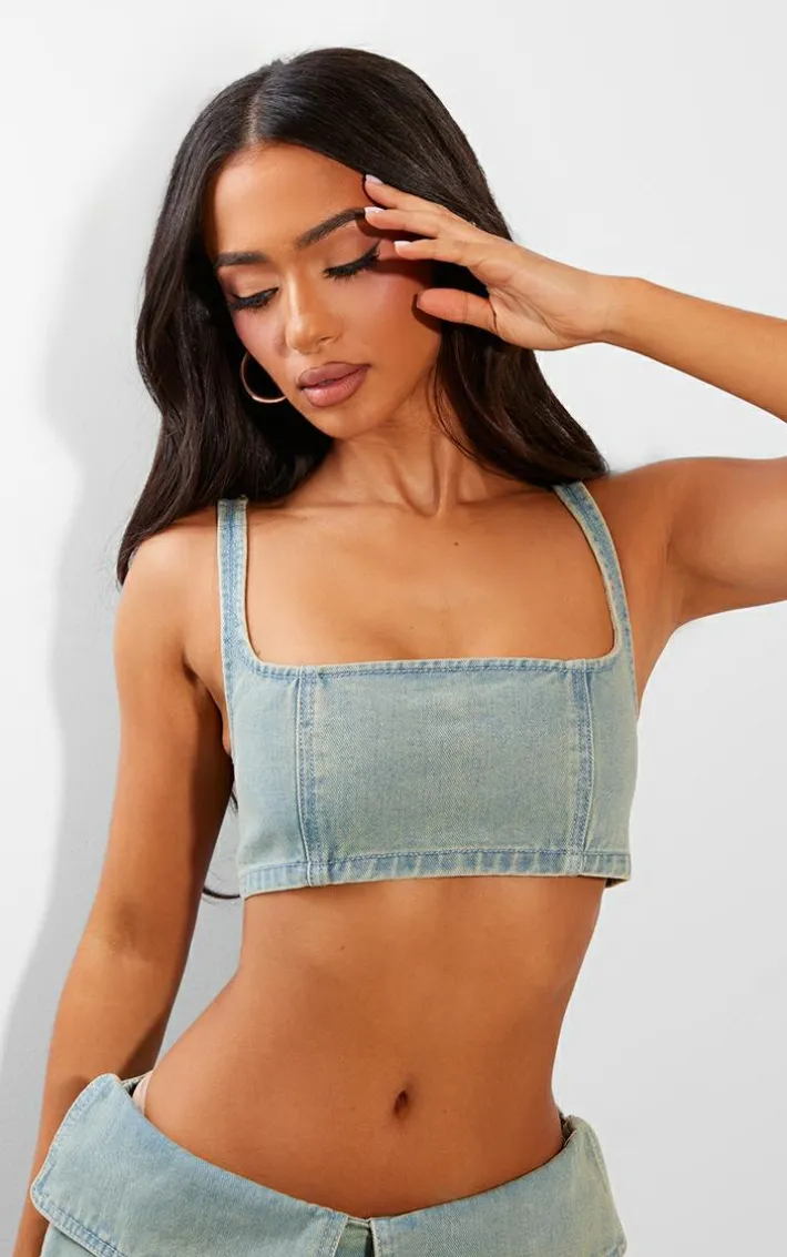 Petite Vintage Wash Denim Square Neck Extreme Crop Top