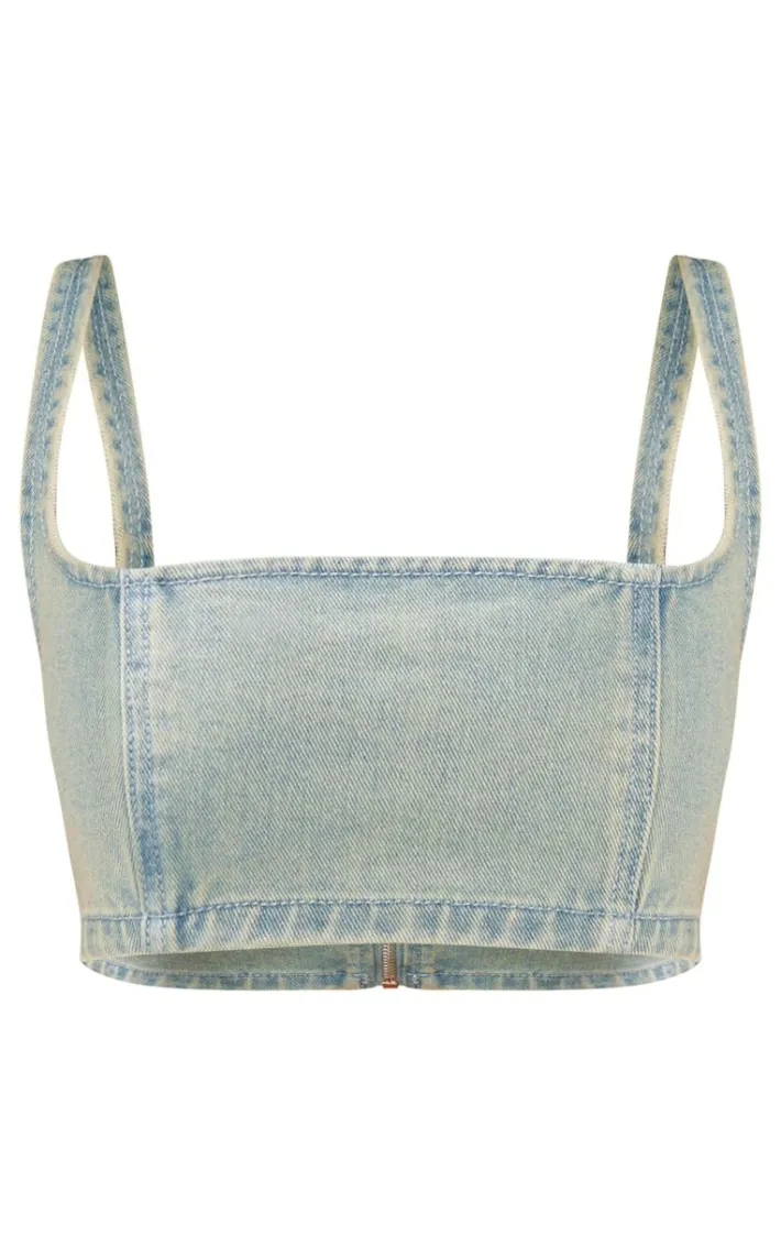 Petite Vintage Wash Denim Square Neck Extreme Crop Top