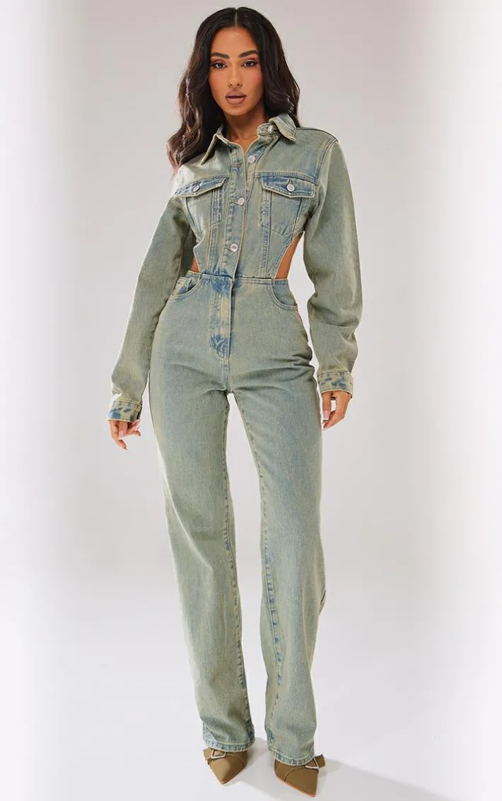 Petite Vintage Wash Denim Cut Out Waist Jumpsuit