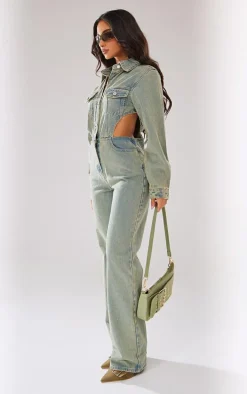 Petite Vintage Wash Denim Cut Out Waist Jumpsuit