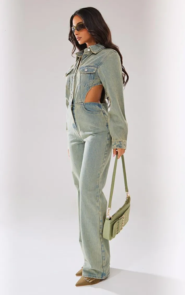 Petite Vintage Wash Denim Cut Out Waist Jumpsuit