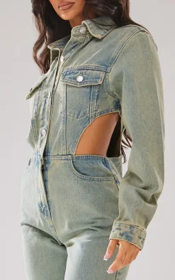 Petite Vintage Wash Denim Cut Out Waist Jumpsuit