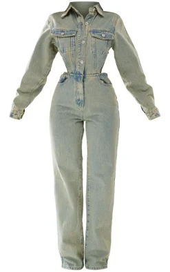 Petite Vintage Wash Denim Cut Out Waist Jumpsuit