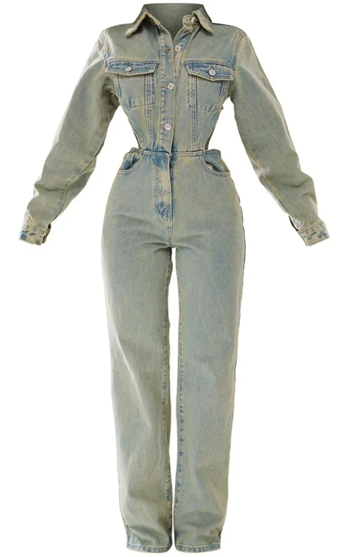Petite Vintage Wash Denim Cut Out Waist Jumpsuit