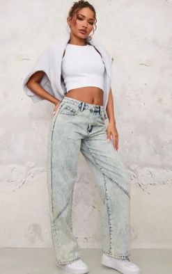 Petite Vintage Wash Denim Seam Detail Straight Leg Jeans