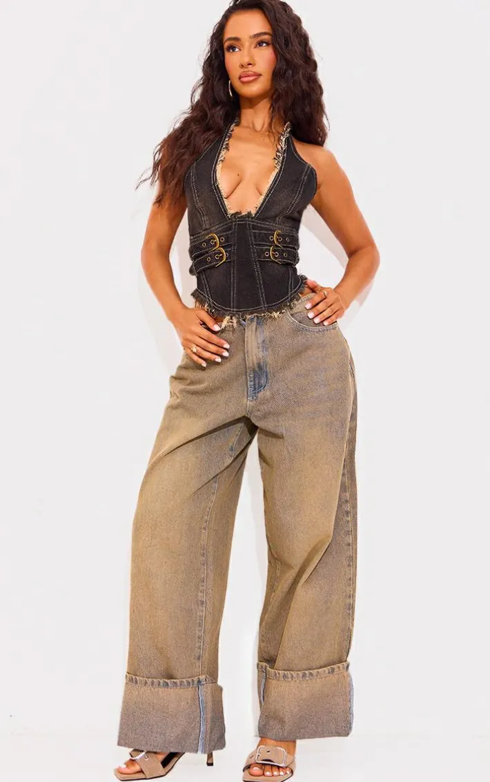 Petite Vintage Wash Denim Turn Up Low Rise Wide Leg Jeans