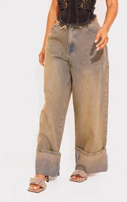 Petite Vintage Wash Denim Turn Up Low Rise Wide Leg Jeans