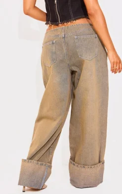 Petite Vintage Wash Denim Turn Up Low Rise Wide Leg Jeans
