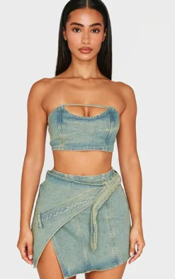 Petite Vintage Wash Denim Bandeau Crop Top