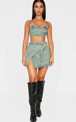 Petite Vintage Wash Denim Bandeau Crop Top