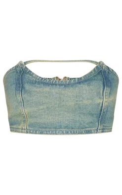 Petite Vintage Wash Denim Bandeau Crop Top
