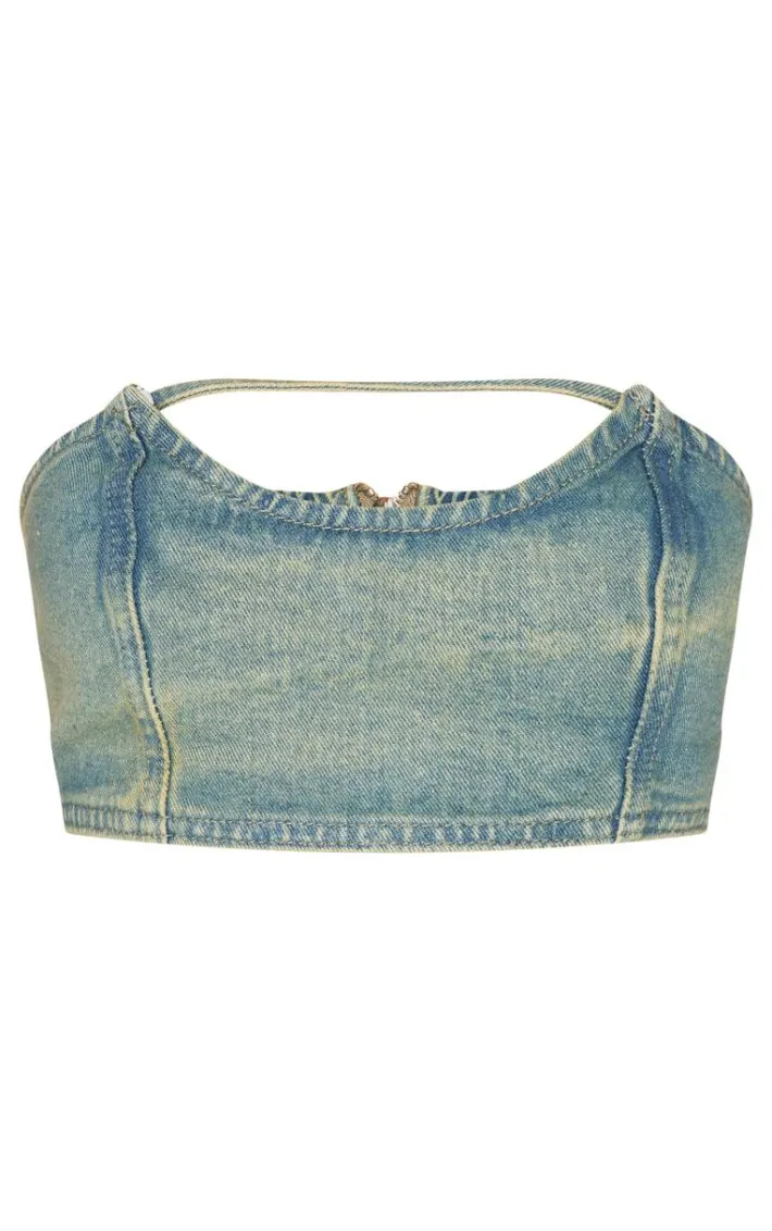 Petite Vintage Wash Denim Bandeau Crop Top