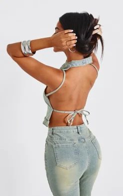 Petite Vintage Wash Denim Backless Top