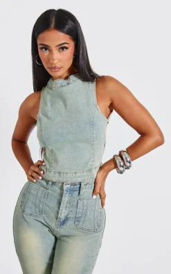 Petite Vintage Wash Denim Backless Top
