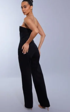 Petite Washed Black Bandeau Denim Jumpsuit