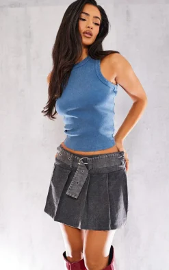 Petite Washed Black Belted Micro Mini Pleated Skirt