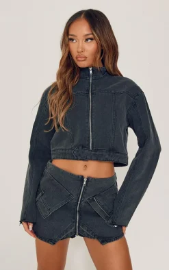 Petite Washed Black Cropped Denim Jacket